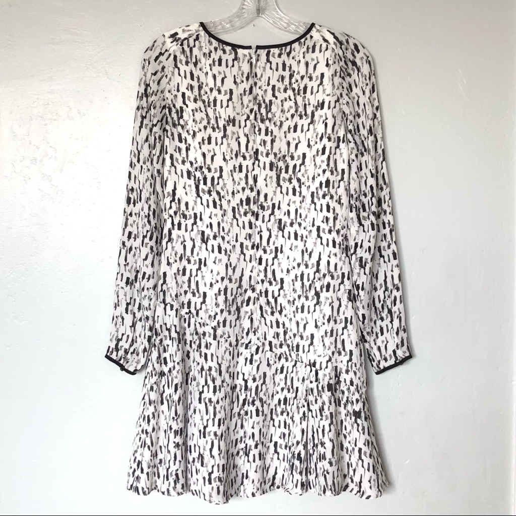 Reiss Black/White Finlay Printed Long Sleeves Frill-Hem Short Dress
